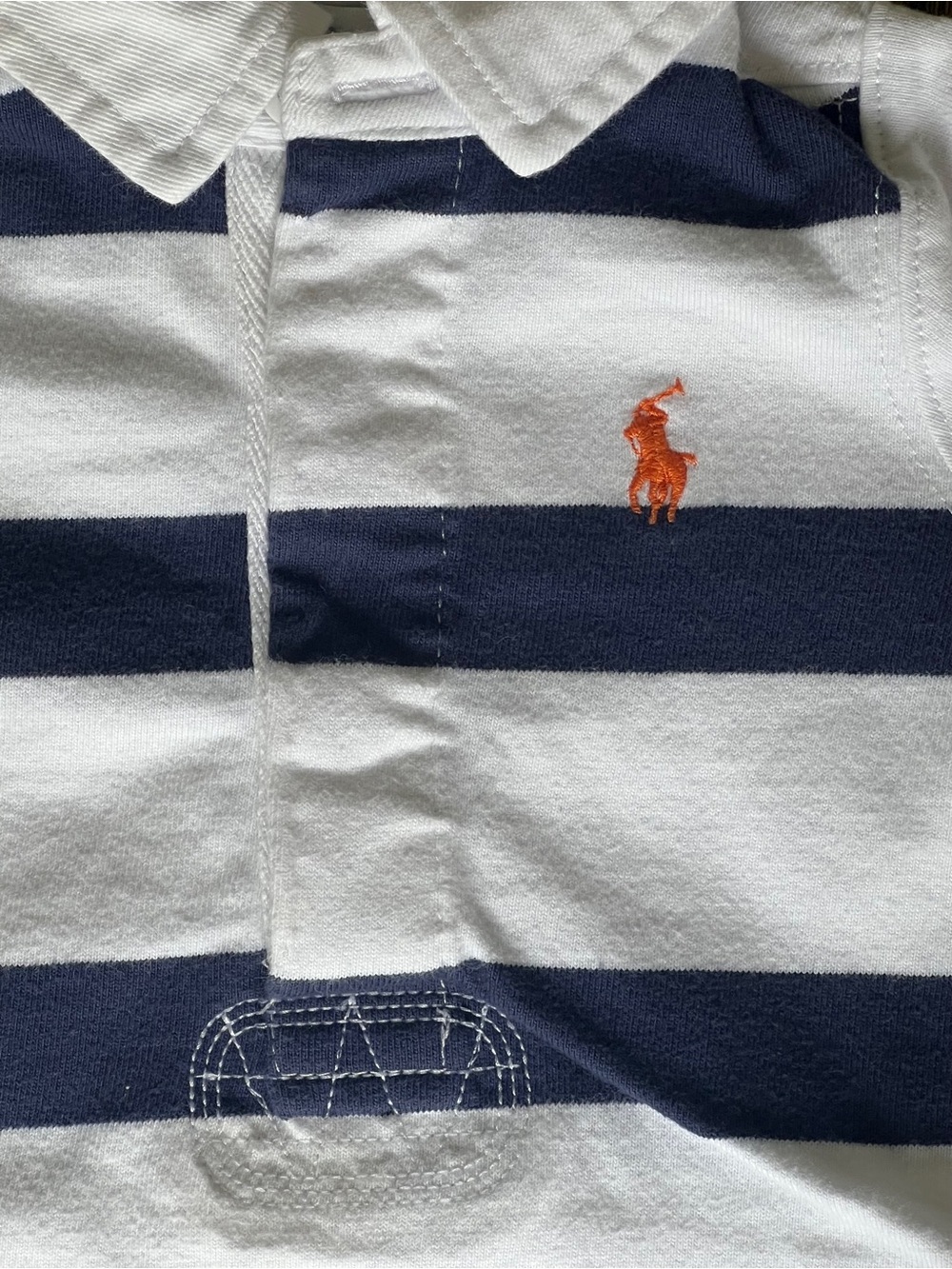 Ralph Lauren White & Navy Striped Polo Romper with Orange Pony - Picture 2 of 5